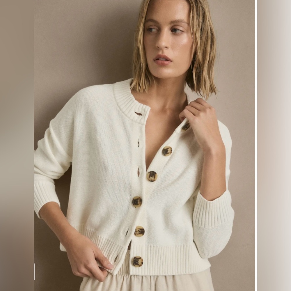 Quince 100% Cotton Cropped Cardigan- Ivory- Large